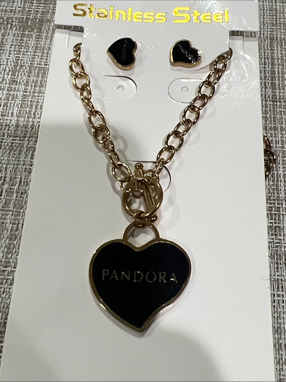 Gold-Tone Black Heart Pendant Necklace & Stud Earrings Set